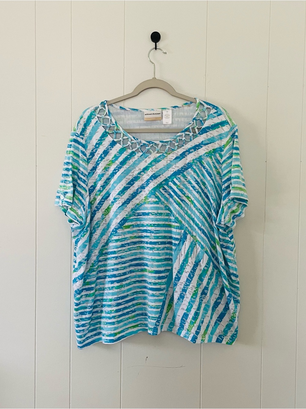 Alfred Dunner Blue White Green Striped Short Sleeve Blouse